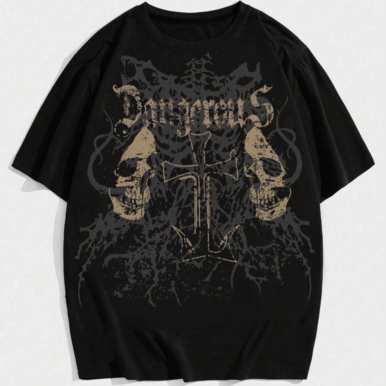 Men's Gothic Punk T-Shirt | 100% Cotton Crew Neck | Bold Skull & Cross Print | Casual Loose Fit | Durable Double-Stitched Hem and Sleeves | Machine Washable | All-Season Comfort, Casual Wear|Grunge Style|Cotton Jersey Knit, Vintage T Shirts