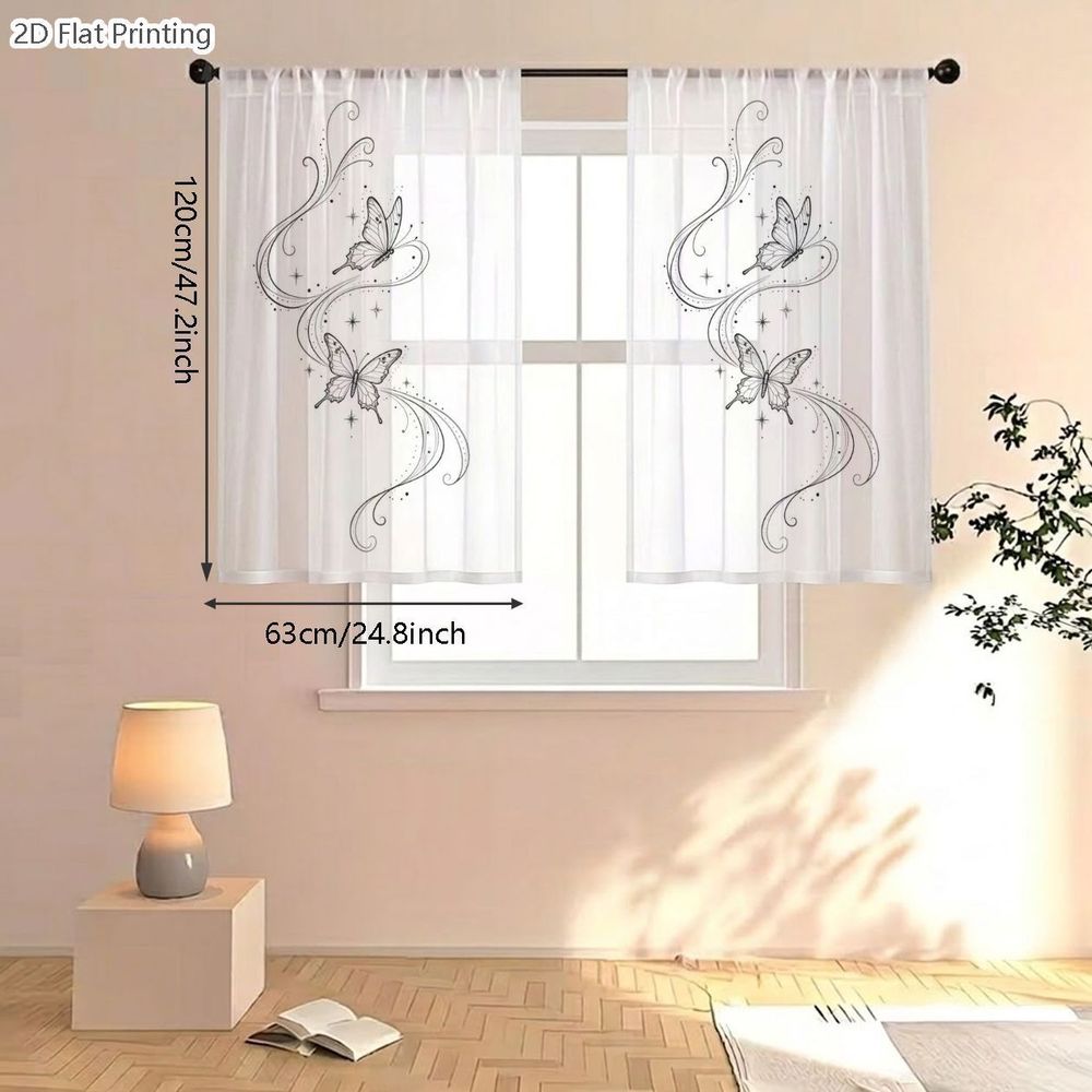 TEMU 2D Plat, 2pcs Rideaux Voilages Semi-Transparents, Rideaux Décoratifs Imprimés Motif Ligne d'Art Tourbillon de Papillons pour Cafés, Salon,