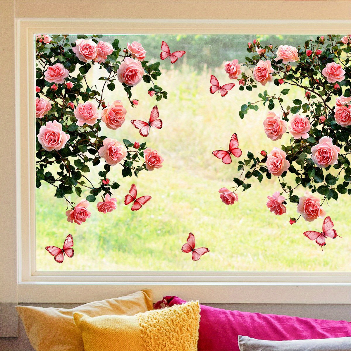 E-shop 2er- Romantische Rosen & Schmetterlinge Fenster-Wandsticker - Statikhaft Haftende Heimdekoration, 16mil Dickes Langlebiges Plastik, Klassisches