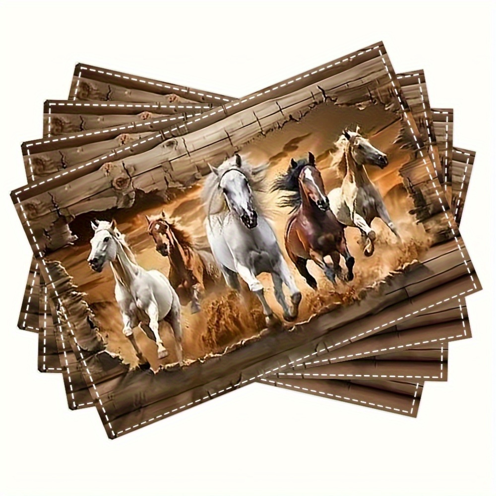 TEMU 2d Flat 4pcs Set Of 4 Horses Design Table Mats, Linen Fabric Placemats For Dining Table, Home Decor, Easy To Clean, 2d Flat
