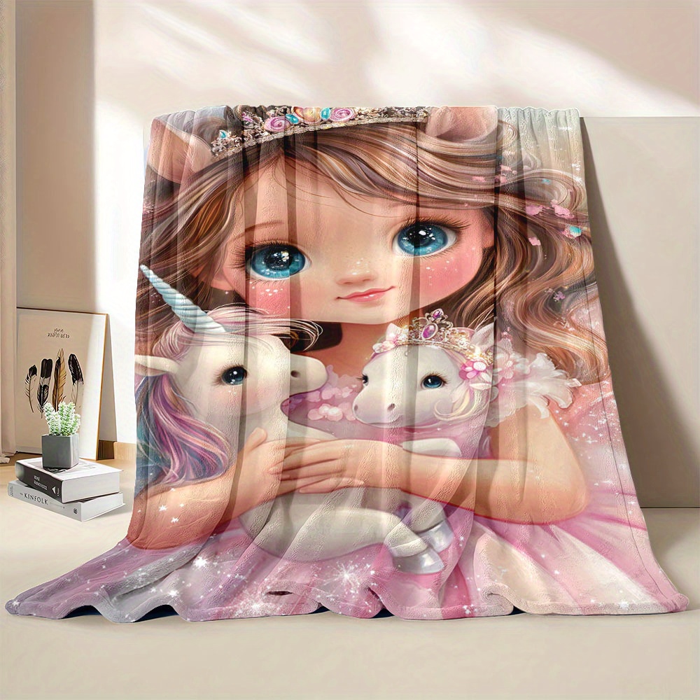 contemporary flannel throw blanket with   girl and   unicorns print hypoallergenic   multipurpose   polyester bedding with ideal for bed sofa camping for gifting details 0