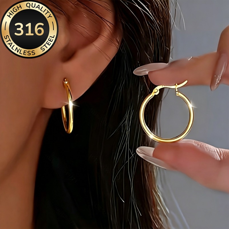 TEMU Luxurious Minimalist Stainless Steel Golden Hoop Earrings For Women, Hypoallergenic, Tarnish-resistant, Versatile High-end Jewelry Suitable For