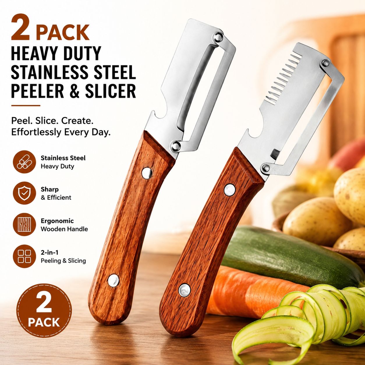 TEMU 2pcs Heavy-duty Stainless Steel Peeler And Slicer Set, Featuring A Bottle Opener And Straight Blade Design. Suitable For Sugar Cane, Fruits, And
