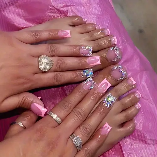 48pcs 2 pack handmade pressing nail and toe nail set pink square nails with 3d rhinestones glossy french pointed design fashionable nail kit for women and s