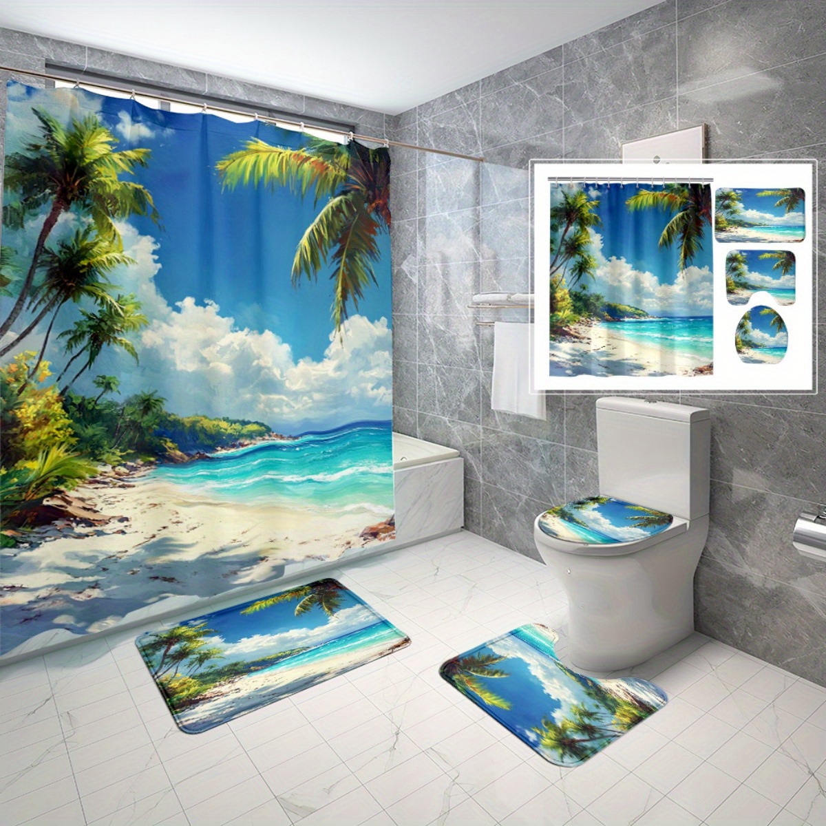 4pcs Beach Under the Sunlight Shower Curtain Set with Hooks