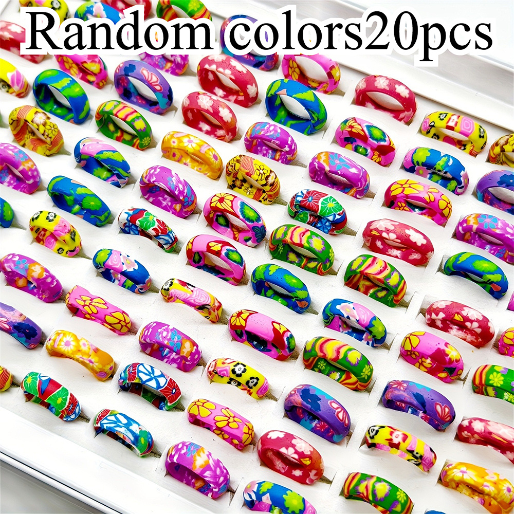 TEMU A Set Of 20 Vibrant Rainbow Rings Featuring Different Geometric And Floral Patterns, Made From Polymer Clay, In Assorted Sizes, Perfect For Teenager And Teens., For Teenager, For Teenager