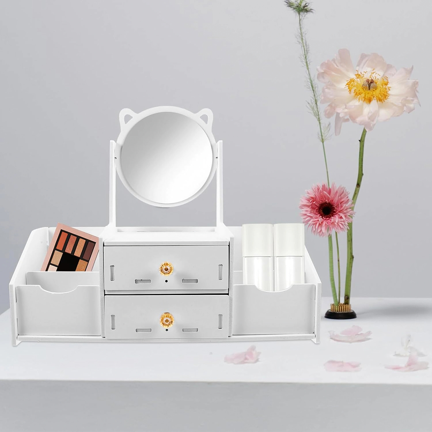 White Multifunctional Cosmetics Storage Box With Adjustable Mirror And Double Drawers, Suitable For Storing Cosmetics, Jewelry, And Skincare Products