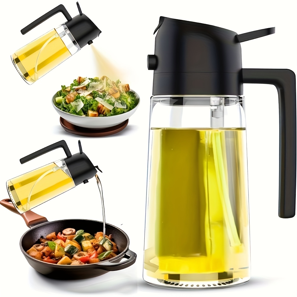 16oz Glass Oil Sprayer- 470ml Olive Oil Sprayer, 2-in-1 Kitchen Gadget, Suitable for Cooking, Salad Dressing, and Barbecue, Square Design with Black Cap, Hand Wash Only, PVC-Free