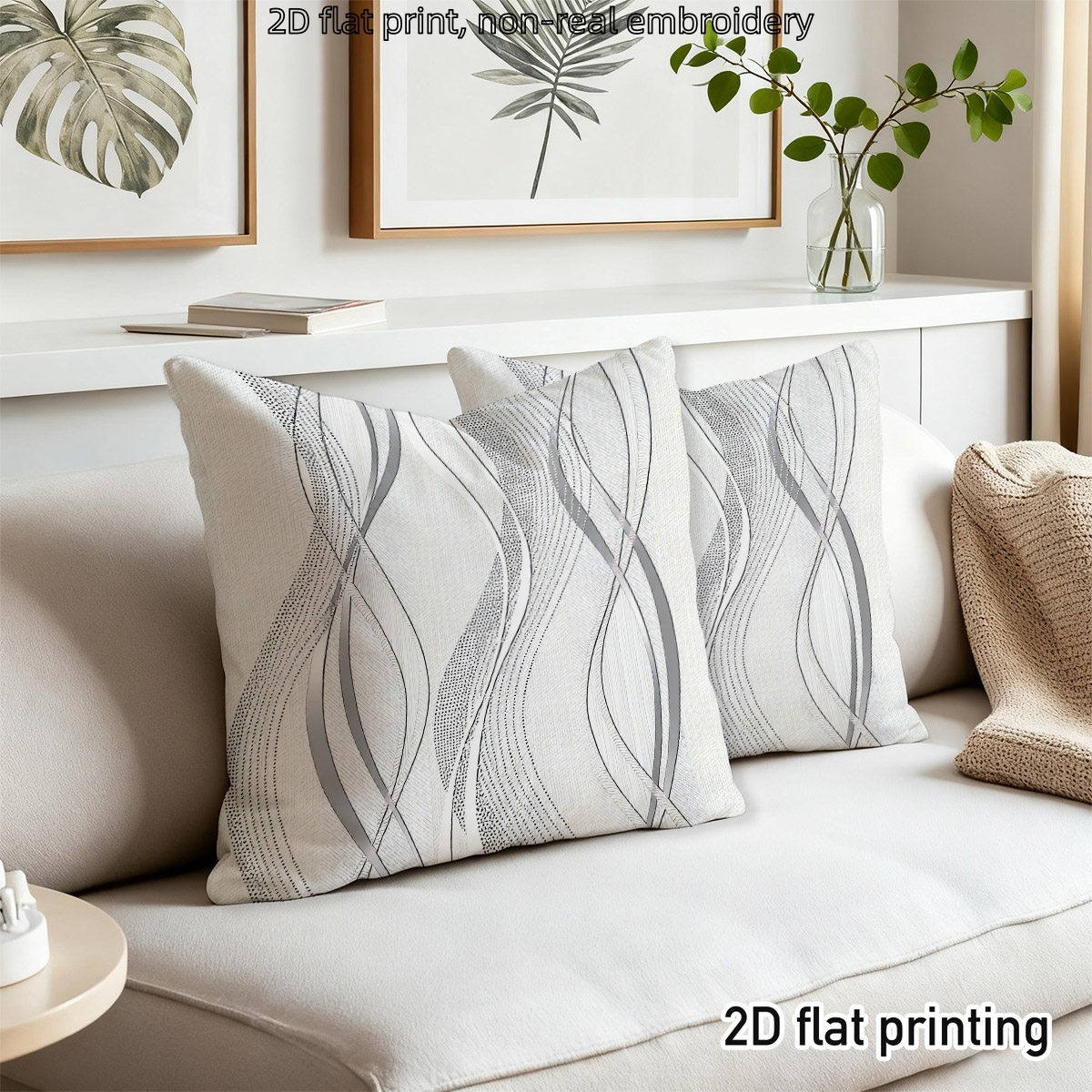 TEMU 2d Flat - 2d 2pcs Gray Abstract Curve Pillowcases, Single-sided Print, , Peach Suede Material, Zipper Closure, Pillow Core Not Included.