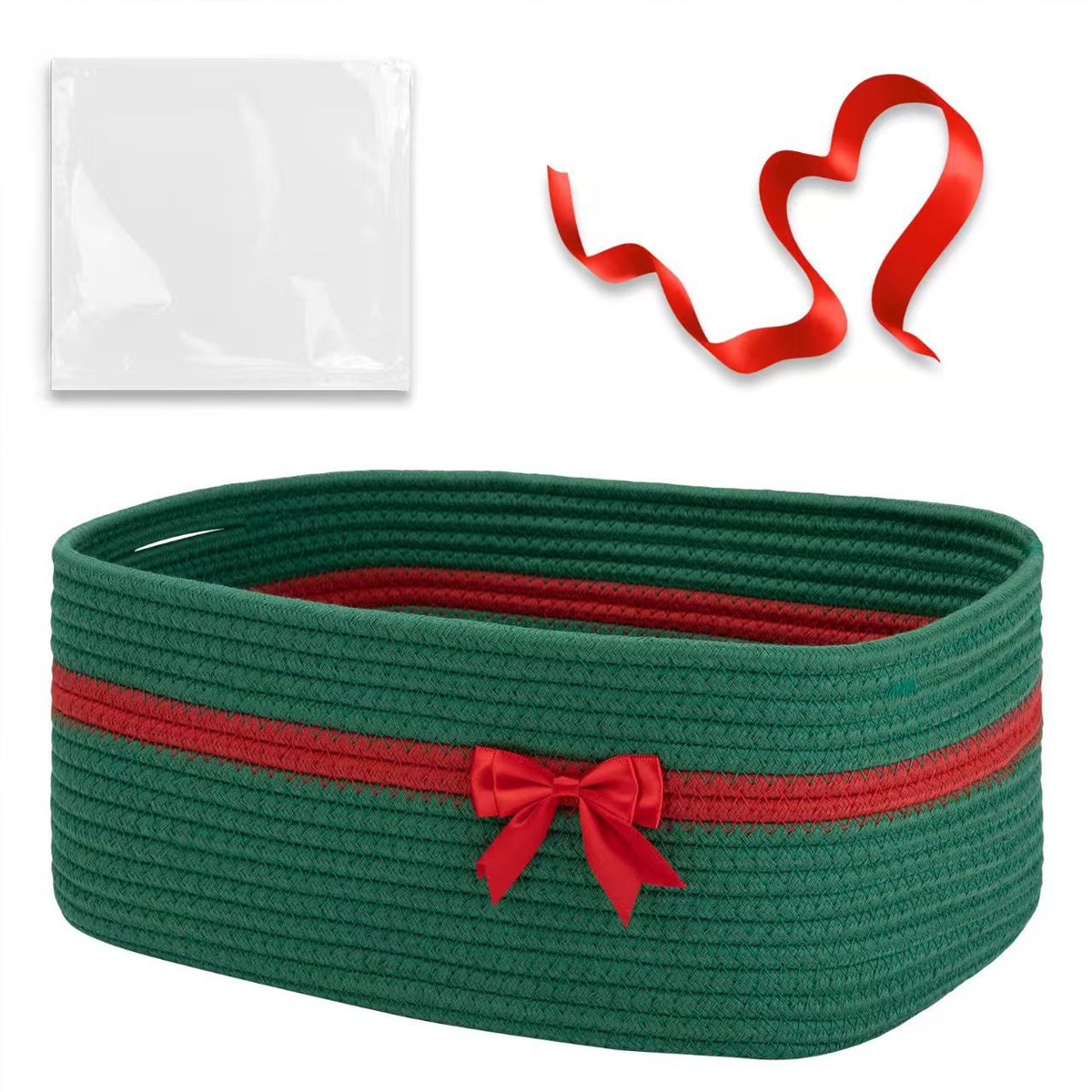 TEMU Christmas-themed Rectangular Woven Storage Basket 3pcs Set, Includes Storage Basket, Gift Bag & Decorative Ribbon With Bow Accents. Home Desktop