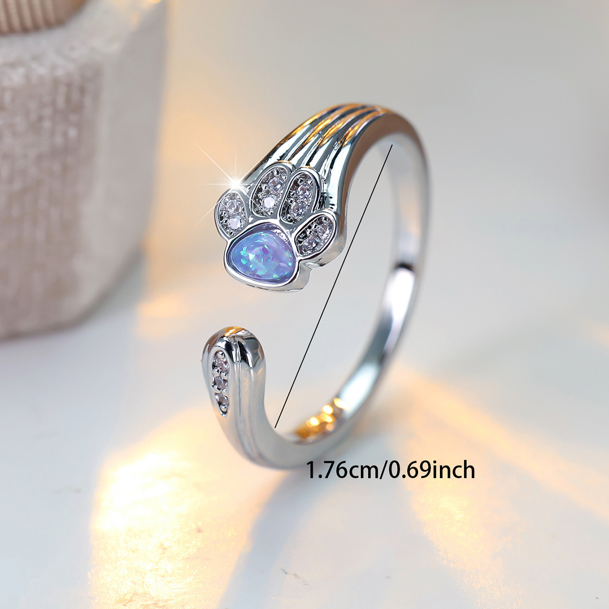 Unisex Cute Paw-Shaped Open Ring with Iridescent Opal