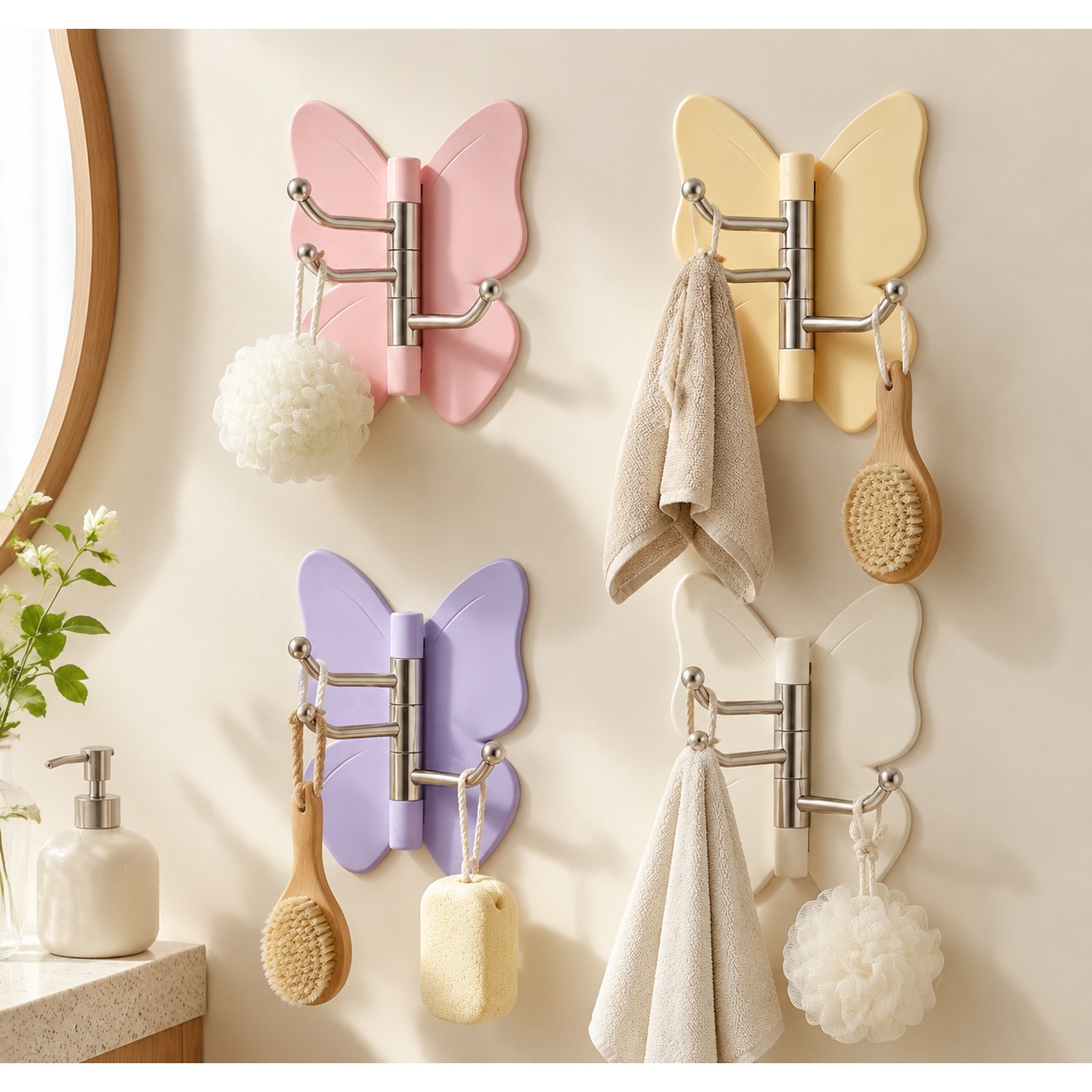 TEMU Lot de 10 crochets muraux papillon rotatifs très résistants - Crochets pivotants adhésifs perçage, couleurs aléatoires avec ailes réglables et