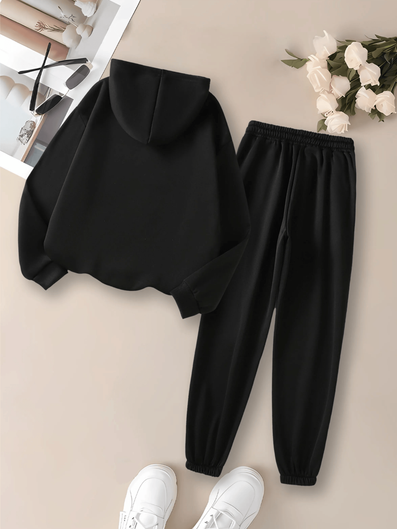 Women'S Cozy Fleece Hoodie & Sweatpants Set - Adorable Cartoon Bear & Heart Print, Black, Long Sleeve, Drawstring Hood, Comfortable Fit for Fall/Winter, Casual Wear|Playful Print|Fleece Lined Clothing