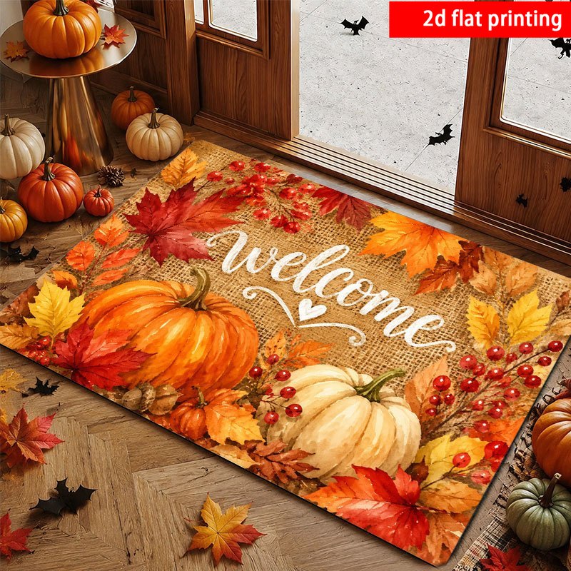 TEMU 2d Flat Printing, 1pc Modern Autumn Pumpkin Theme Doormat, Fleece Material, Soft And Comfortable, Pumpkin Maple Leaf Berry Print, Indoor/outdoor