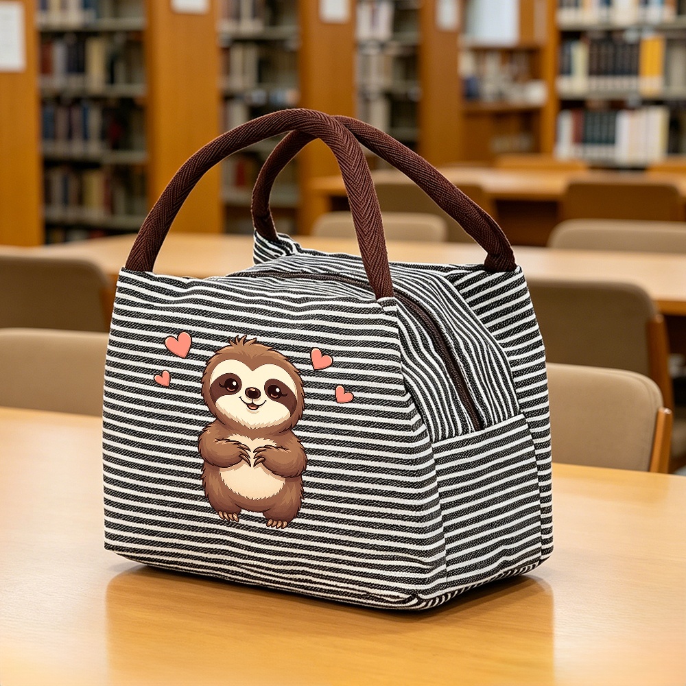 TEMU Lunch Bag, Cute Sloth Lunch Bag With Hearts, Black And White Striped Insulated Cooler Tote, Reusable Thermal Lunch Box For Work, Picnic, Travel,
