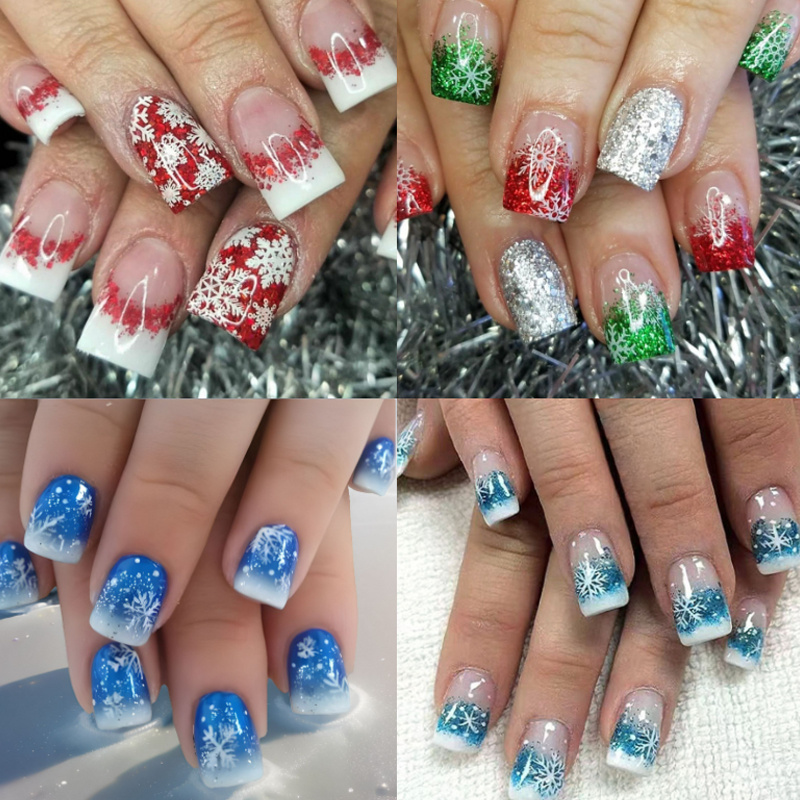 TEMU Christmas 96pcs (4 Pack) French Red Snowflake Press-on Nails Set - Gradient Short Square, Glossy Finish For Festive Holiday Manicure