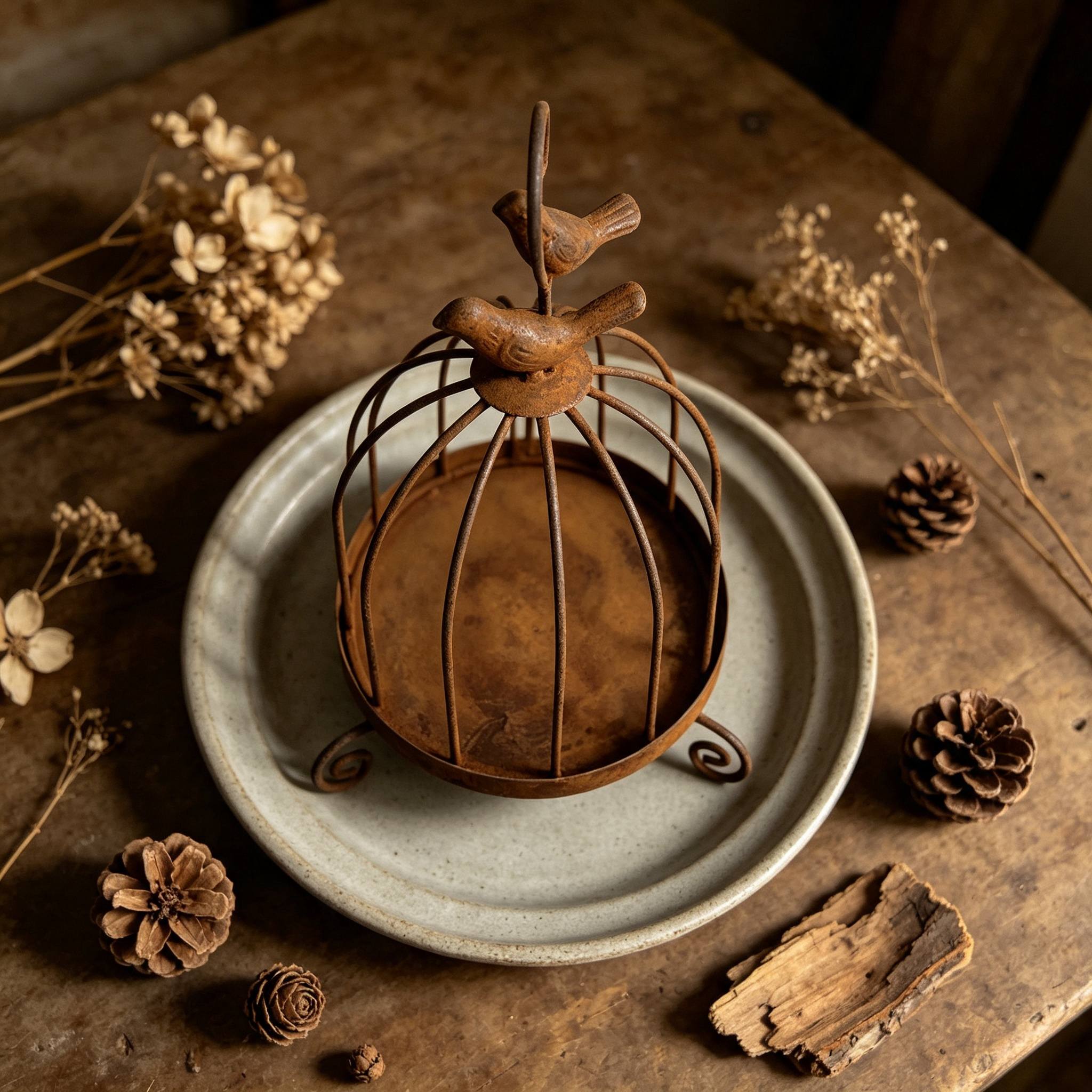 TEMU Vintage Rusted Iron Hanging Birdcage Decor With Hand- Bird Ornaments, As Outdoor Wild Bird Feeder Or Hanging Flower Planter Basket,