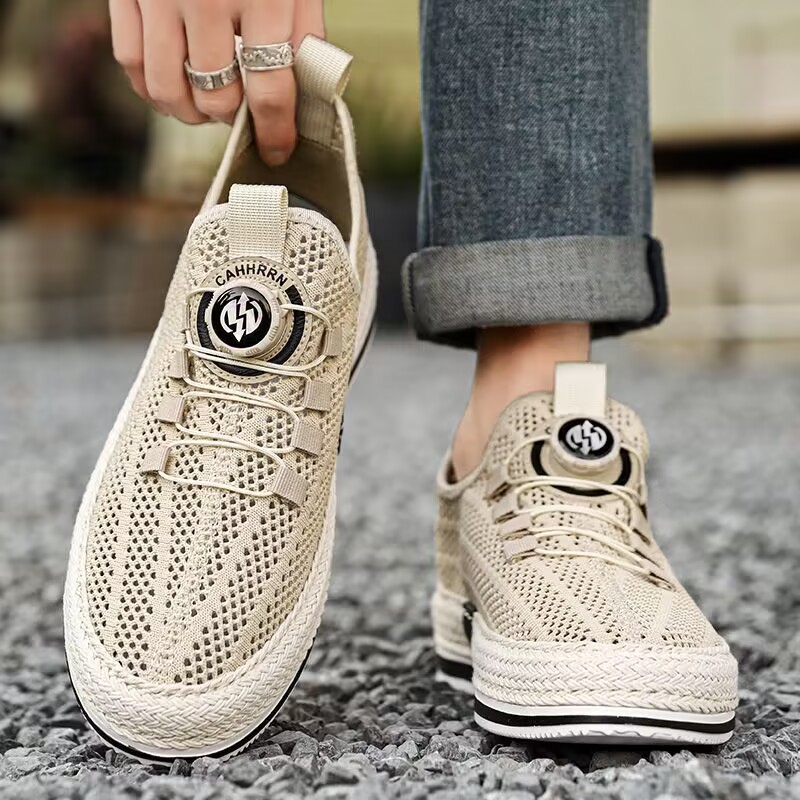 Men's Casual Shoes, Straw Woven Rotating Buckle Fisherman Shoes, Large Mesh Hollow-Out Skate Shoes, Breathable Slip-On Loafers for Men