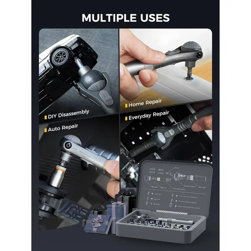 40-in-1 heavy-duty ratchet screwdriver set with magnetic mechanism, 45-tooth ratchet & s2 steel construction - 14-speed/ torque settings, ergonomic grip, compact case with bit storage - ideal for automotive, home, electronics repair (cordless tool compatible, no power required) - 40 bits, system, durable s2 steel, versatile for diy &, screwdriver all in one, multi tool screwdriver, compact screwdriver set, mini screwdrivers, Product details 6
