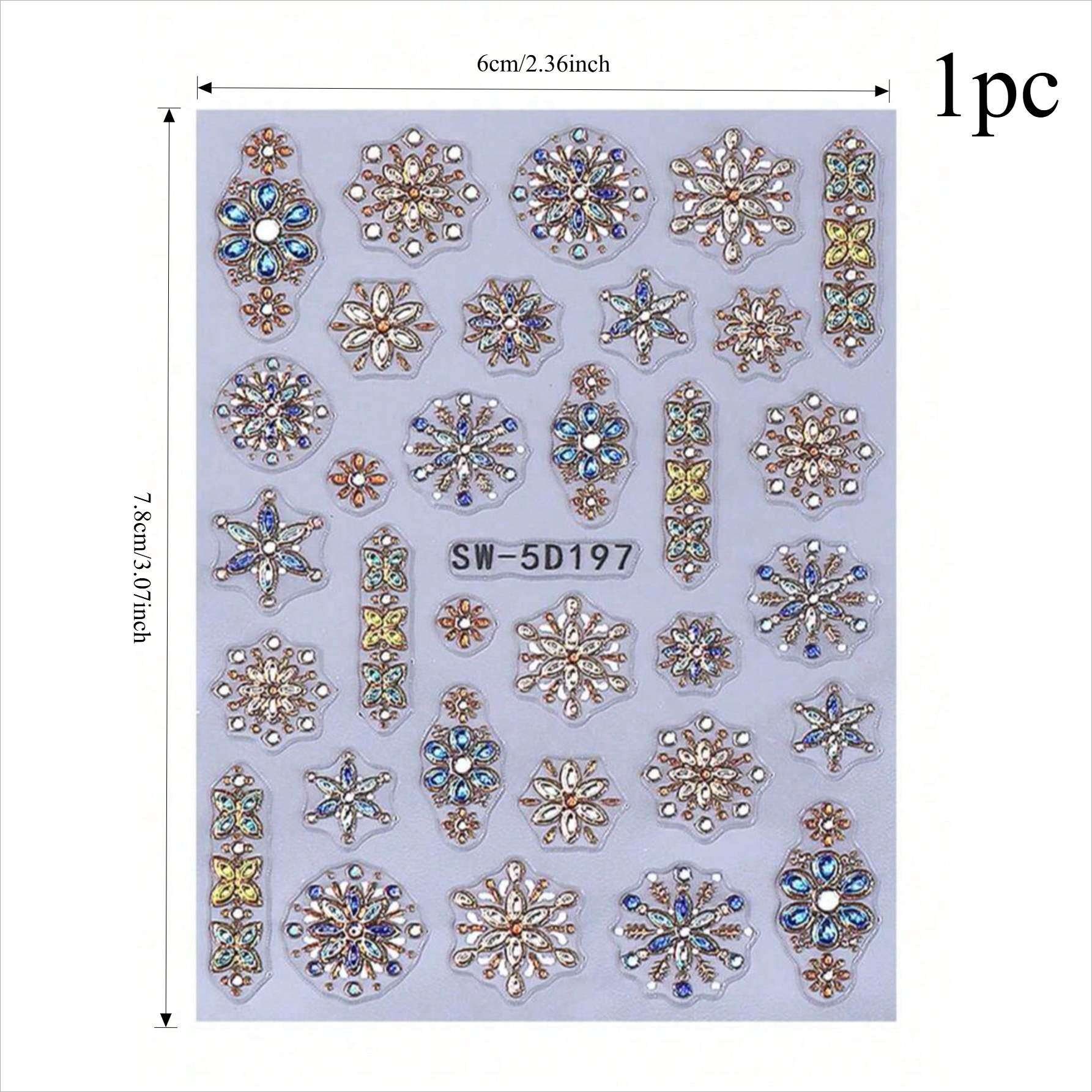 Image of 1pc 5d Luxury Gemstone Embossed Nail Stickers, Golden And Blue Ombre Boho Flower Pendant Nail Art Design, Y2k Fashion Self-adhesive Gel Nail Polish Stickers, Sliding Nail Decoration Additions Nails