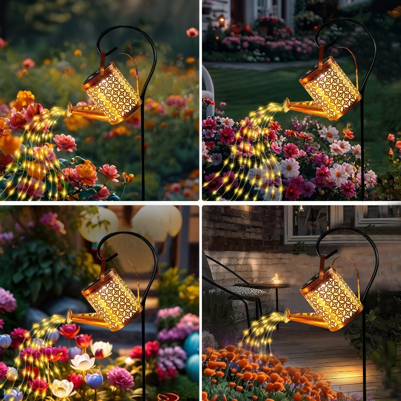 Set de 4 bucăți Lămpi solare în formă de umeraș de udător (2 umerașe de udător + 2 cârlige de păstor), lumină caldă/colorată, senzor de lumină pentru exterior cu pornire/oprire automată. Potrivite pentru diverse locații: grădini, peluze, curți și mese de dining. Ideale ca cadou de housewarming sau