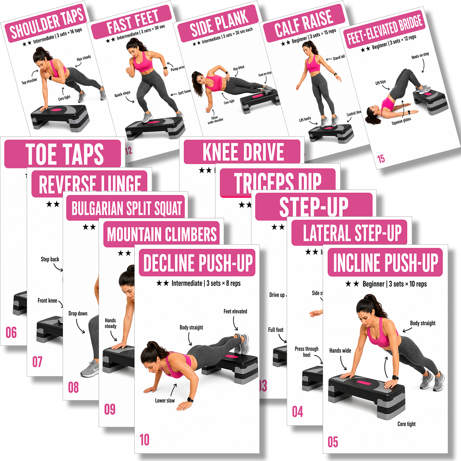 TEMU Lot de 20 d'entraînement sur plateforme de step pour cours d'éducation , salle de sport à domicile et entraînement au step - Cartes guide