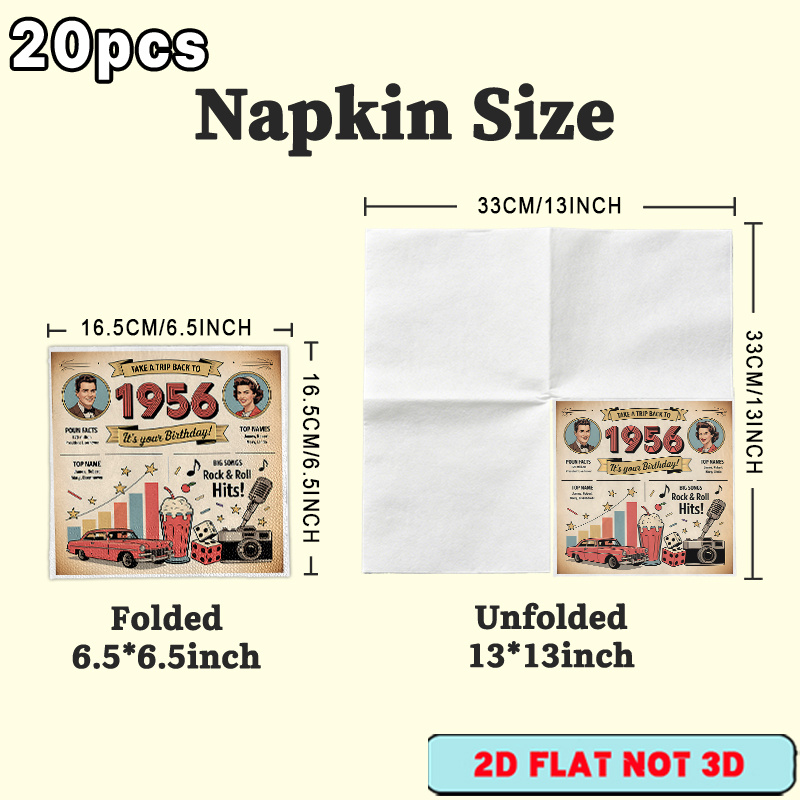 TEMU Lot de 20 serviettes de table YSW pour enfants et adultes pour anniversaire - Serviettes en papier jetables à thème rétro 1956 avec feuilles