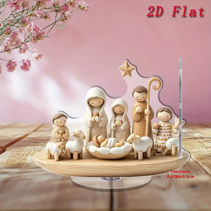 TEMU Décoration de Bureau en Acrylique 2D Plat Rotatif - de Noël Minimaliste avec Grain de Bois, Images de la Sainte Famille, Bergers et Agneaux -