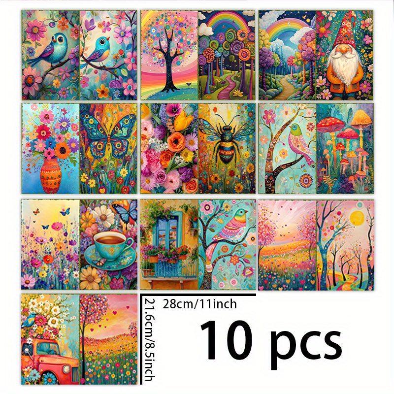 TEMU 1 Set Of 10 Sheets (11*8.5 Inches) Colorful Spring Pastoral Floral, Grass, And Bird Background Materials For Diary, Junk Journal, Greeting Card,