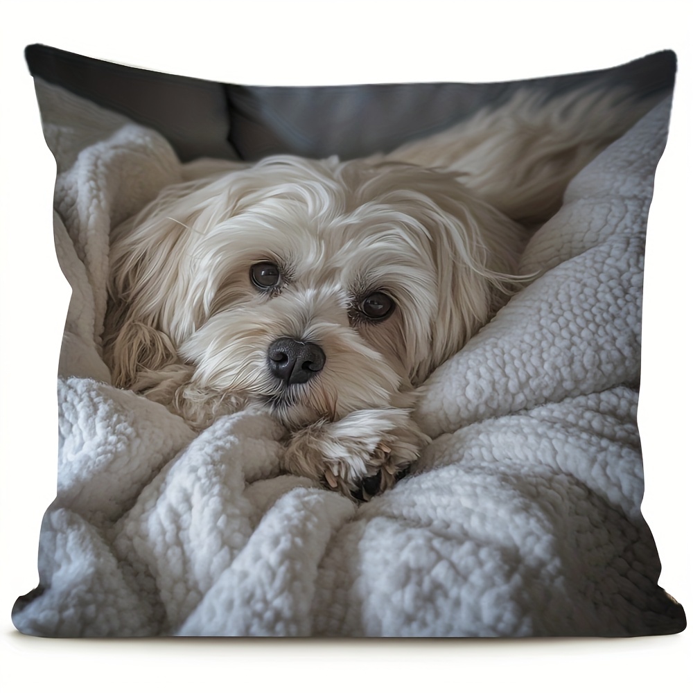 TEMU 1pc Pillowcase - Cute Havanese Breed Print Short-pile Soft Polyester Cover, Zipper Closure & Machine Washable, Contemporary Pet-themed Bedspread