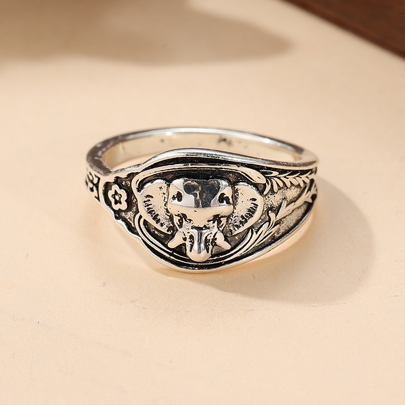 Elephant Head Carved Ring with Leaf Patterns, Totemic Charm