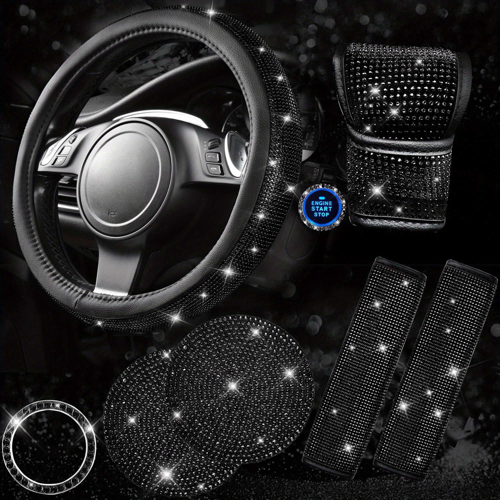 

7pcs Bling Car Accessories For Women, Sparkly Diamond Steering Wheel Cover, Bling Seat Belt Cushion, Glitter Shift Knob Cover, Car Cup Holder Coaster, Cute Interior Sets Black