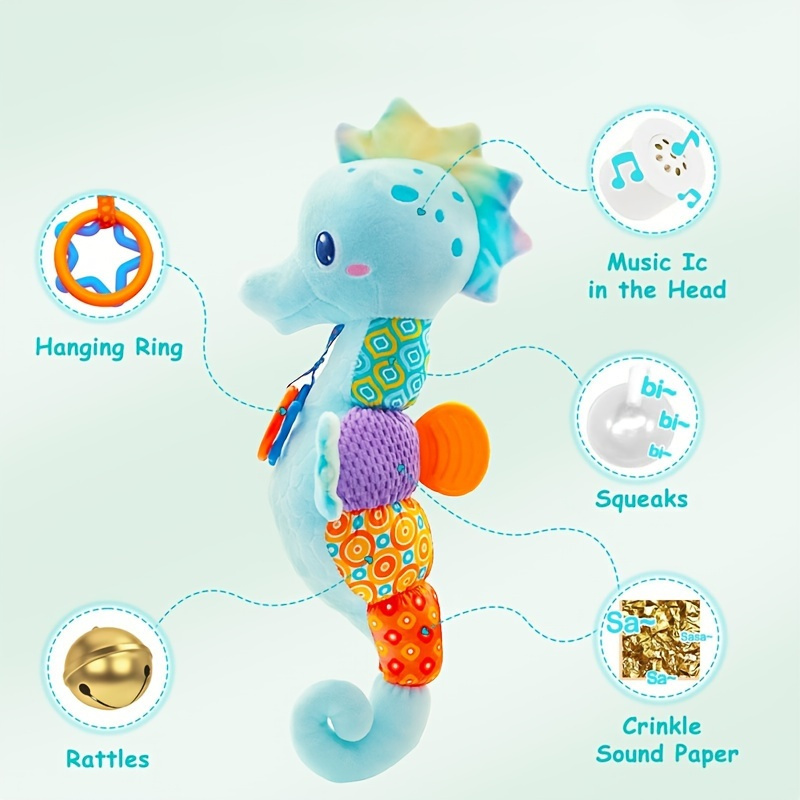 1pc   soft plush seahorse toy with hidden head music box hanging ring squeakers and crinkle   polyester fiber   plaything for newborns ideal for birthday halloween thanksgiving easter gifts details 2