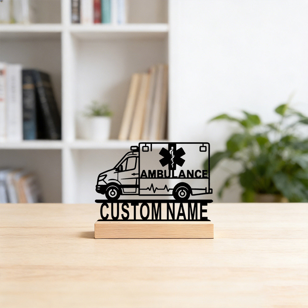 TEMU ??collectible Figurines??1pc Custom Metal Ambulance Sign Personalized Desktop Decor With Wooden Base Unique Gift For Paramedic Home Office