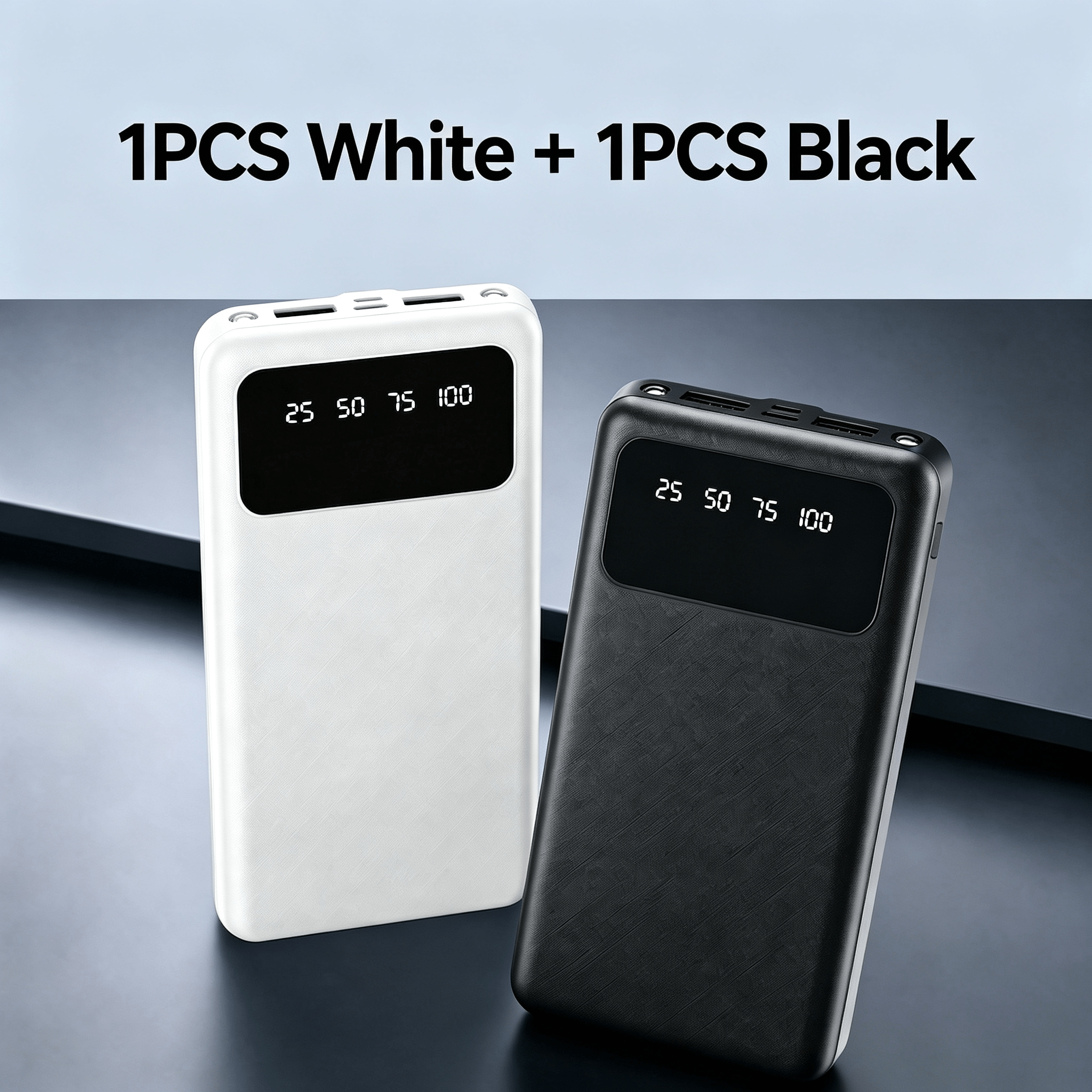 Image of 2pcs 20000mah Premium Bank, Portable External Battery With Led Display & Dual Output, 3 Colors : White, Black, White & Black, Universal Multi-device Charger For