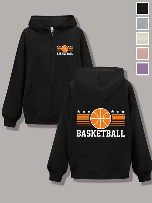 imagen del artículo chaqueta casual de larga con cremallera para mujer con estampado de baloncesto, ideal para , verano y otoño. fabricada con ligeramente elástico, diseñada para mujer.