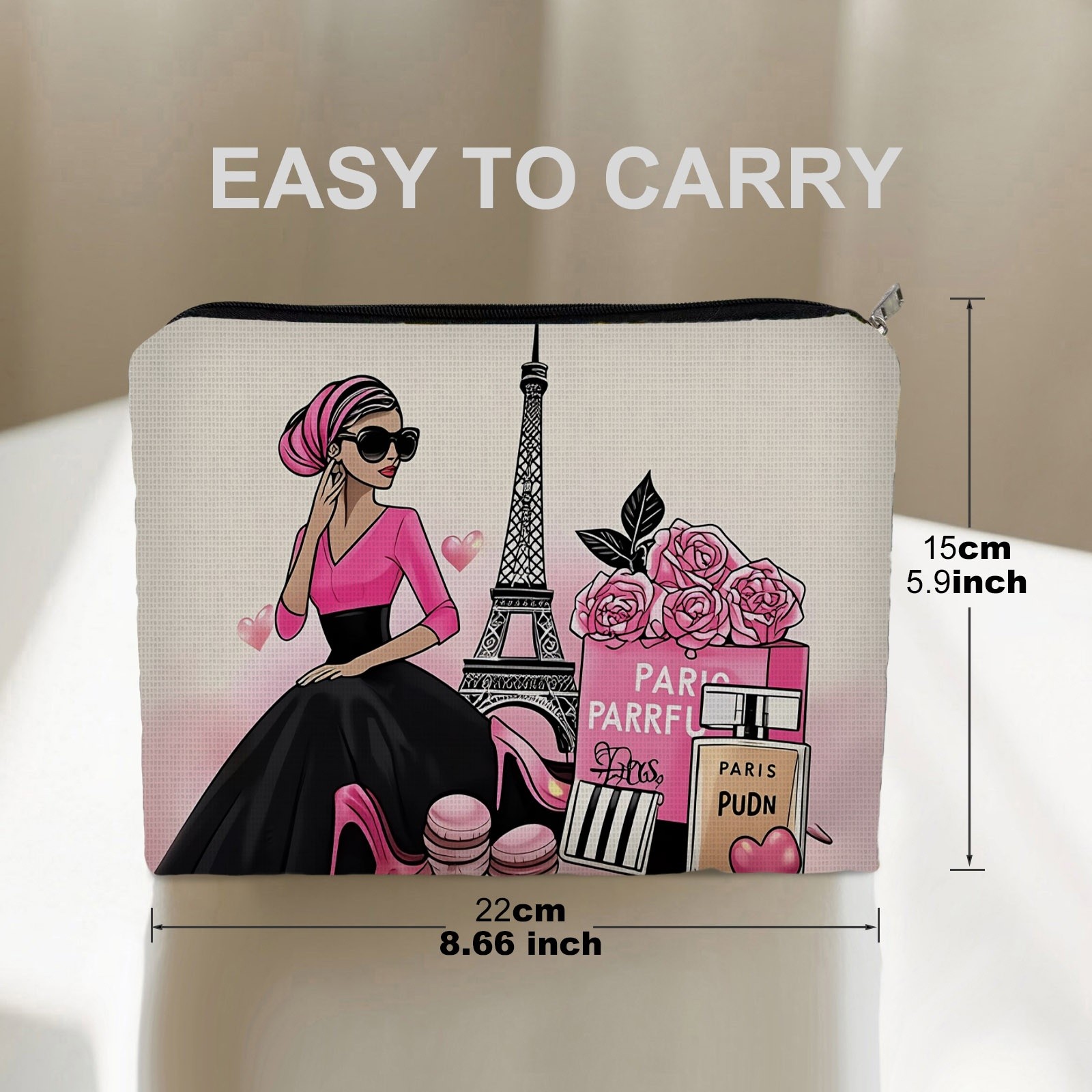 TEMU -themed Makeup Bag, Durable Polyester Cosmetic Pouch With Double-sided Print, 5.9in X 8.66in Portable Toiletry Organizer Featuring Eiffel Tower,