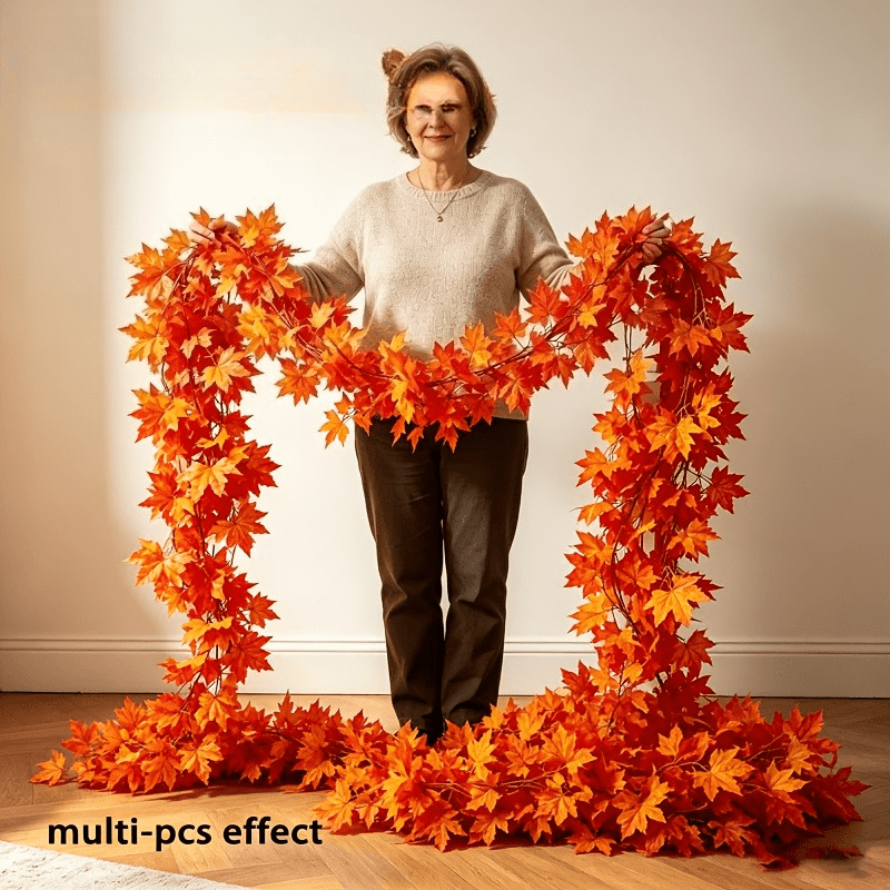TEMU 5 Strands Artificial Maple Leaf Garland With Rattan Frame - Realistic Suitable For Home Mantel, Porch, Staircase Decor - Red/orange/yellow