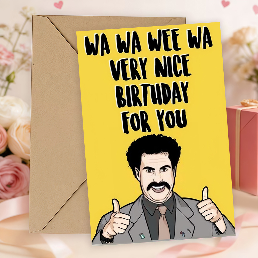 TEMU 1pc - Borat In A Brown Outfit On A Yellow Background Giving A Birthday Greeting Card - Includes Envelope, Suitable For Birthday Celebrations And