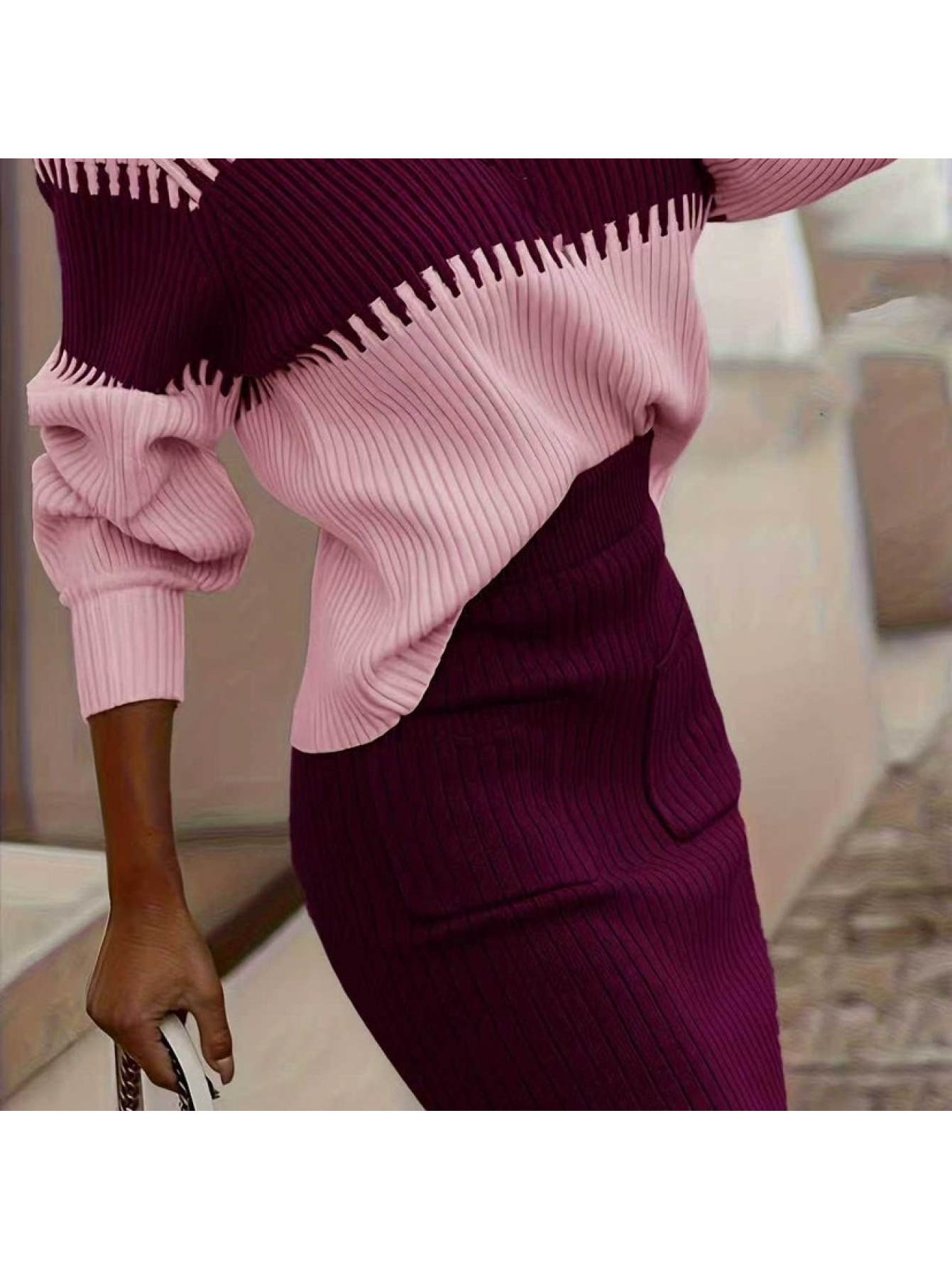 item picture 2026 autumn and winter european and   contrasting striped pullover sweater set skirt fashionable and elegant lantern sleeve sweater and skirt commuting two piece set