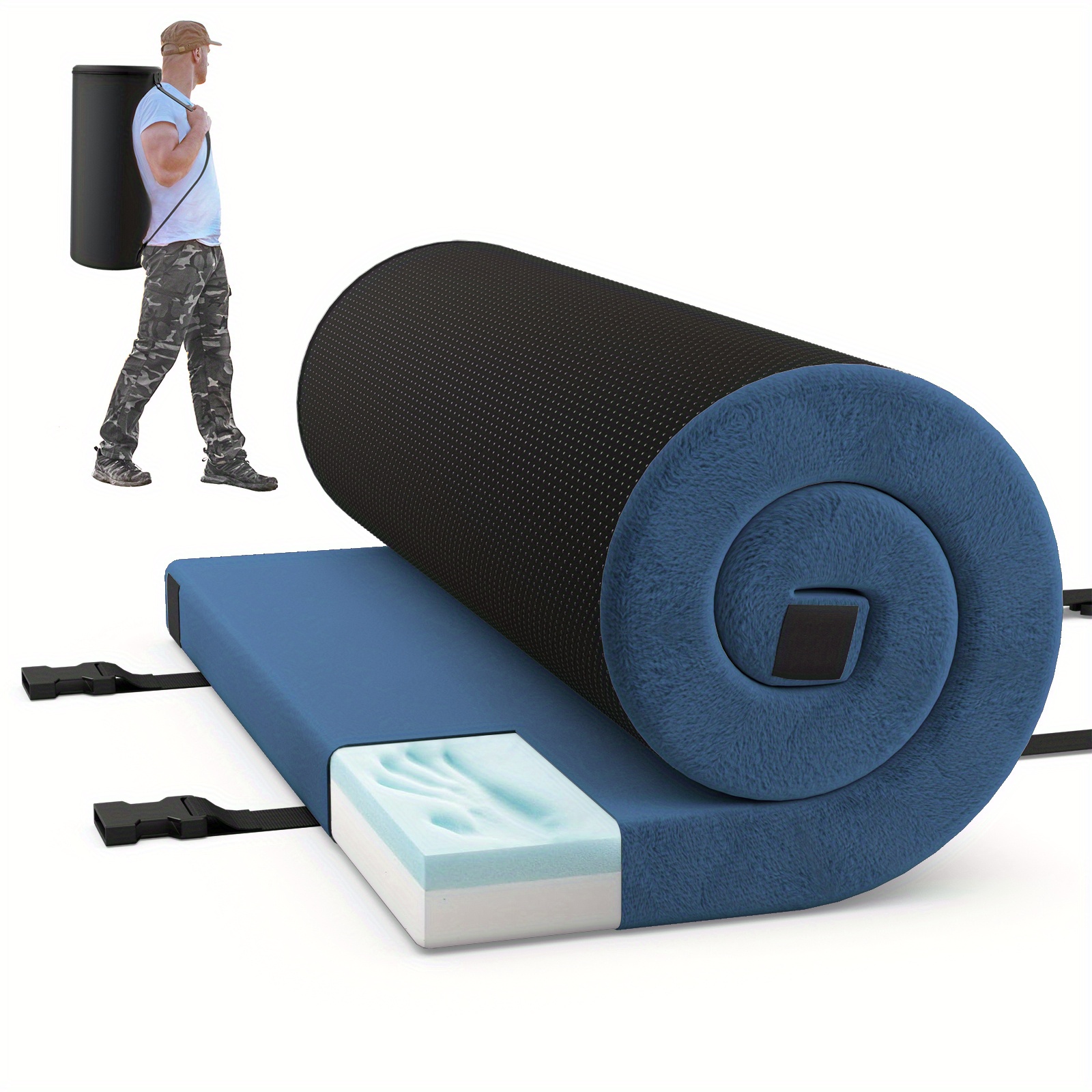 Extra Large Foldable Camping Mattress with Thick High-Density Foam Cushion - Heavy Duty Portable Sleeping Pad, Anti-Slip Bottom,  -  w/Carrying Bag for Camping, Travel, Home, Gym - Machine Washable Cover - Blue, Air Mattress for Camping, Travel Bed, Lightweight Mat, Durable Construction, Travel Pad,  , Home Guest Bed,  , Sturdy Construction,   Travelers