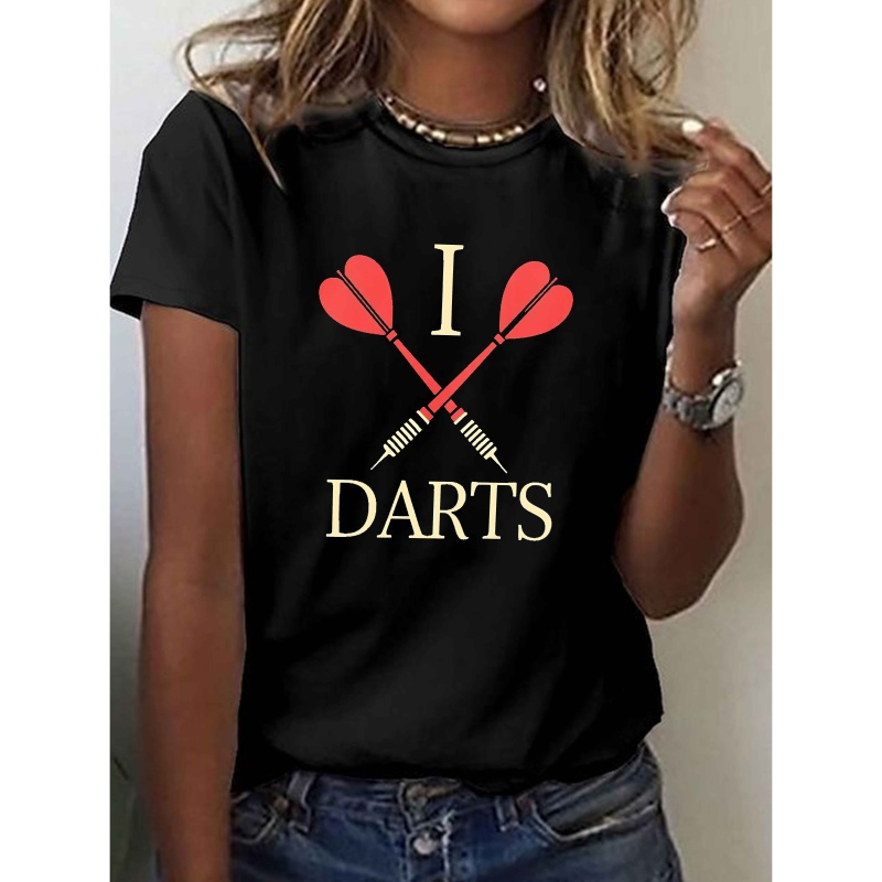 

With Darts Print T-shirt, Short Sleeve Crew Neck Casual Top For Summer & Spring, Women's Clothing