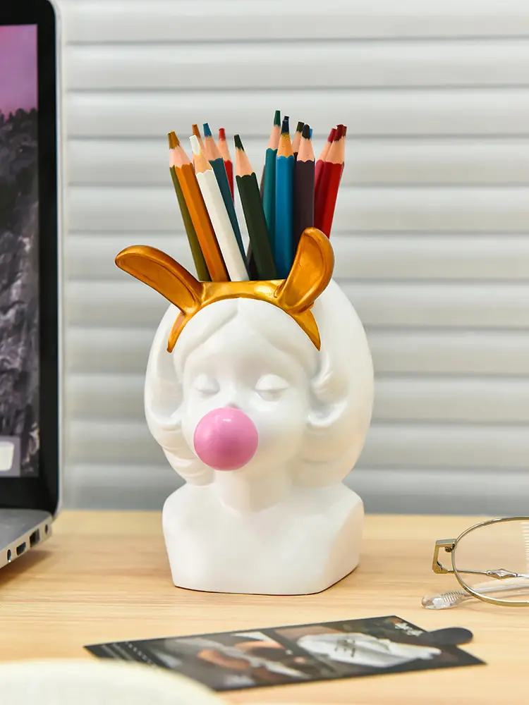 1pc cute bubble blowing girl desk organizer elegant white golden accent pen holder makeup brush storage decorative office home decoration perfect gift for women girls teachers students birthday valentines easter present for desk or vanity office desk accessories student stationery holder whimsical design quality student supplies decor handcrafted figurine decorative holder teacher Product details 4