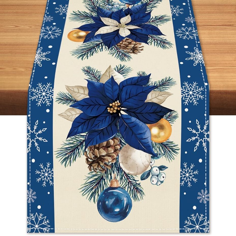 TEMU 1pc, Christmas Table Runner, Blue Poinsettia Decor Indoor | Blue Flower Seasonal Kitchen Dining Table Decorations For Home