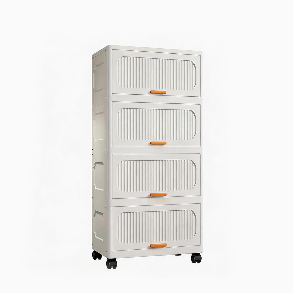 65cm Foldable Storage Cabinet With Wheels, 4-tier Stackable Plastic Organizer With Flip Doors, For Hallway Bedroom Living Room, No