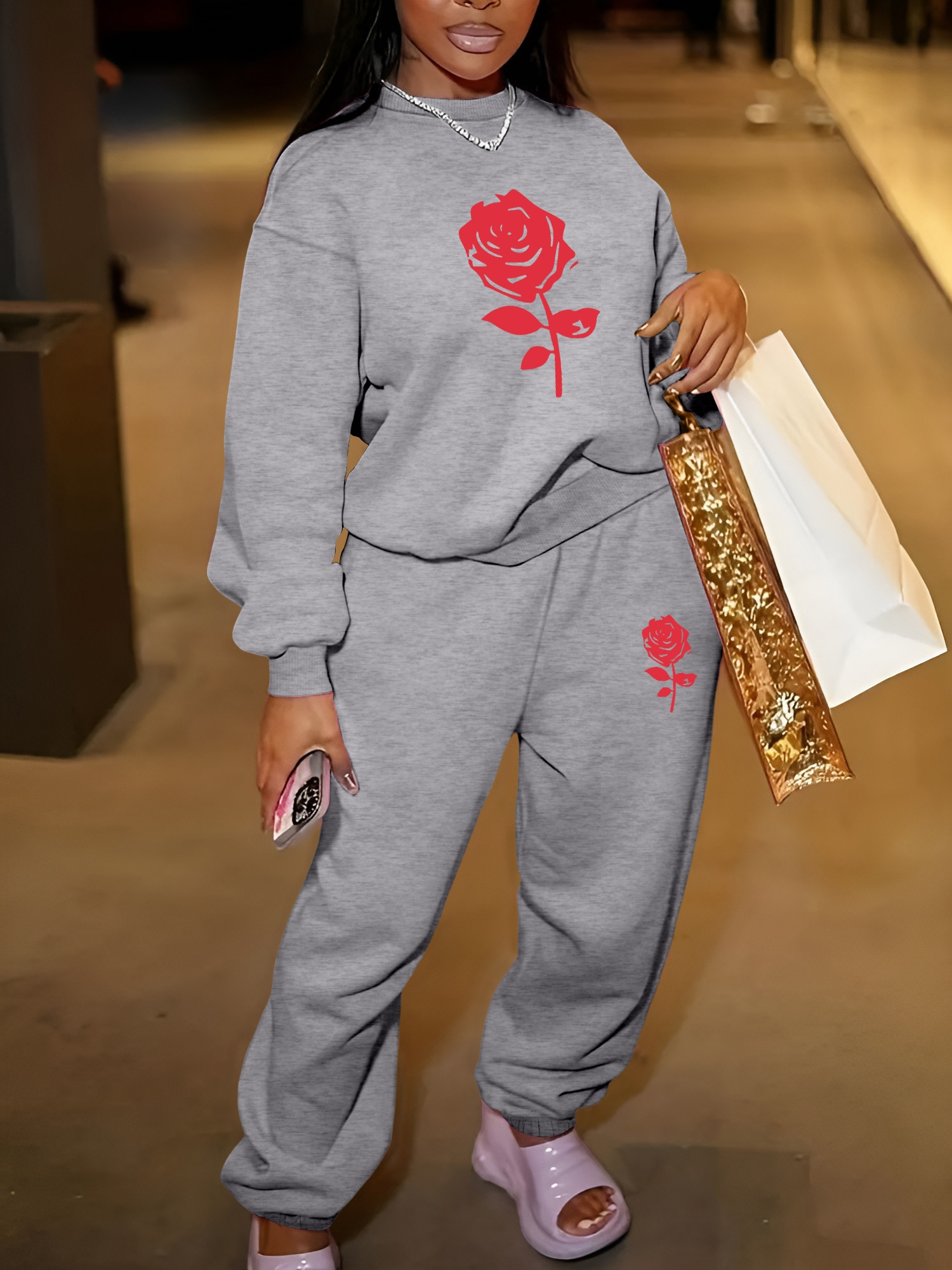 casual alphabet print sweatsuit set women long sleeve crew Temu