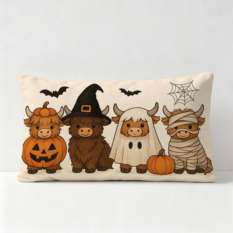 TEMU Housse de coussin 1 pièce Vache Highland et Halloween Effrayant - Double face avec imprimé vache écossaise, chapeau de sorcière, , chauve-souris