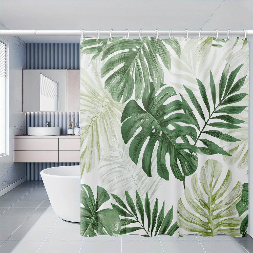 TEMU 1pc Tropical Plant Leaf Pattern Printed Shower Curtain, Fresh Decor Bathroom Curtain, Bathtub Curtain With 12 Hooks, Suitable For Windows And