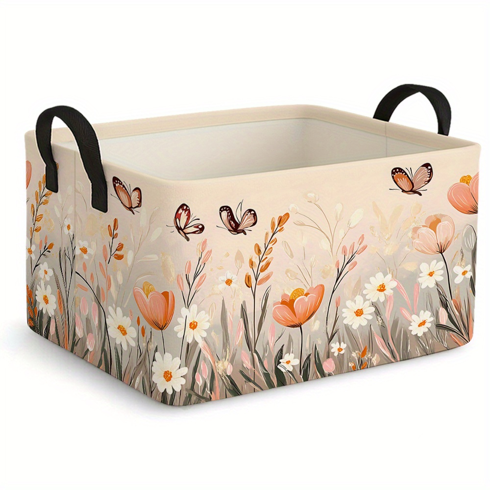 TEMU Un cesto de almacenamiento grande y plegable con un diseño floral y de mariposas. Esta de almacenamiento y espaciosa es un organizador