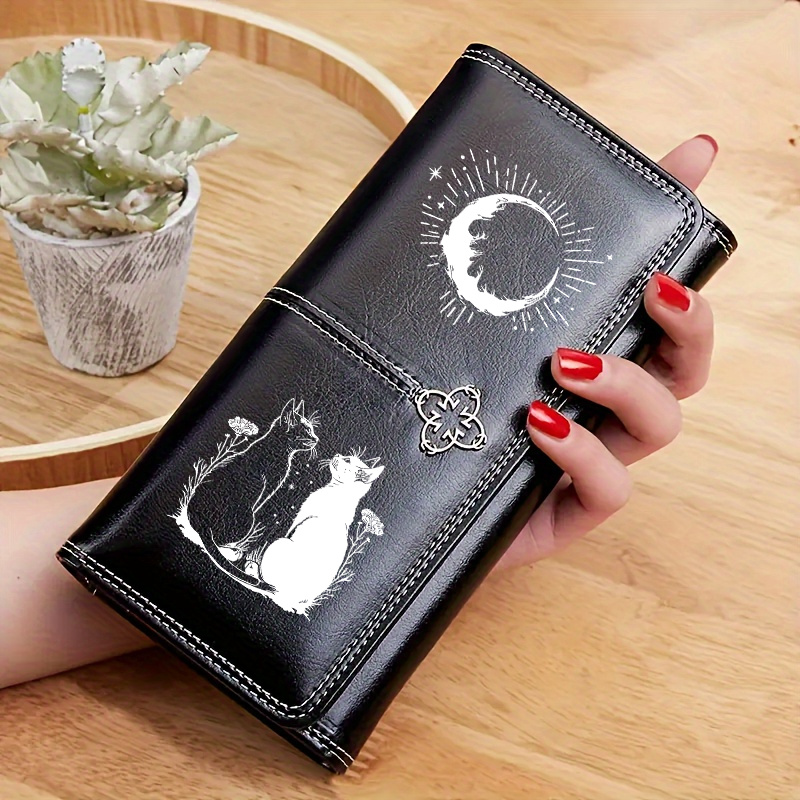 TEMU Portefeuille Vintage Femme Chat et , Sac Long , Grand Porte-Cartes Clutch, Porte-Monnaie Femme Rétro Tendance avec Fermeture Éclair, Cadeau pour